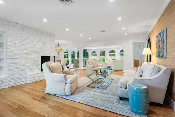 Interior, Living room, Recessed Lighting, Stone Walls, Wood Texture Flooring