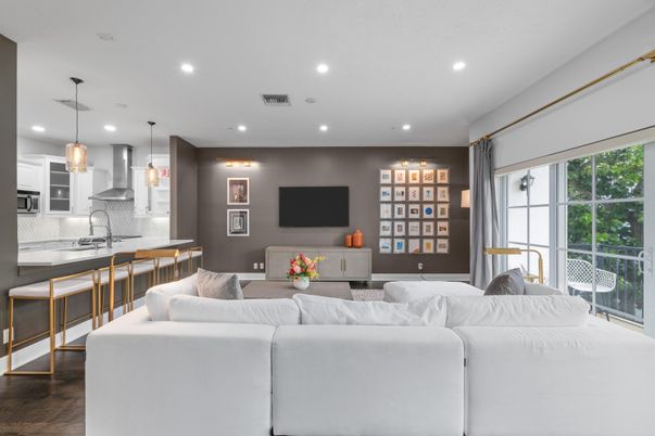 Interior, Kitchen, Living room, Pendant Lights, Recessed Lighting, Wood Texture Flooring