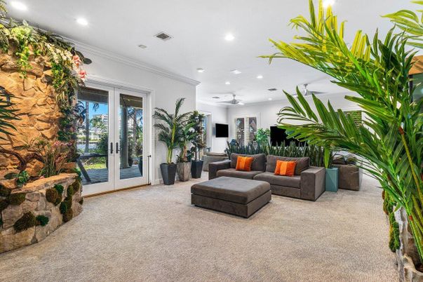 Interior, Living room, Recessed Lighting, Stone Walls