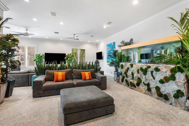 Interior, Living room, Recessed Lighting, Stone Walls