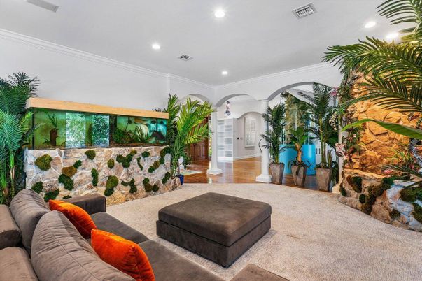 Interior, Living room, Recessed Lighting, Stone Walls, Wood Texture Flooring