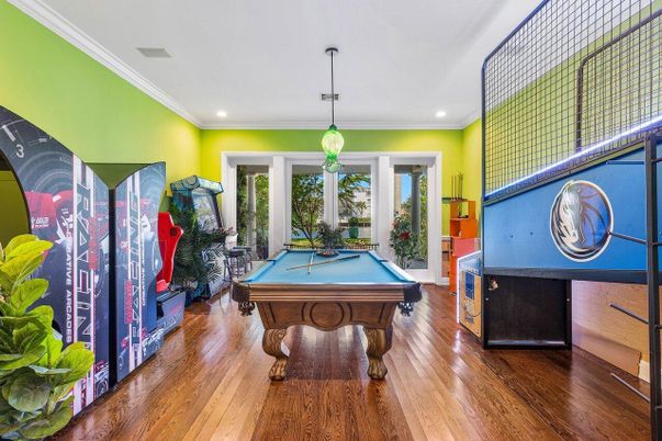 Billiard Table, Game Room, Interior, Pendant Lights, Recessed Lighting, Wood Texture Flooring