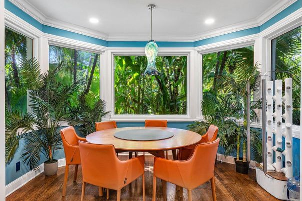 Dining room, Interior, Pendant Lights, Recessed Lighting, Wood Texture Flooring