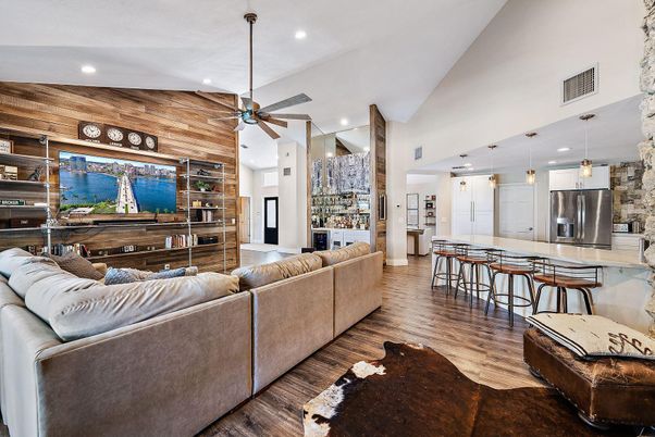 Interior, Kitchen, Living room, Pendant Lights, Recessed Lighting, Stainless Steel Appliances, Wood Texture Flooring, Wooden Walls