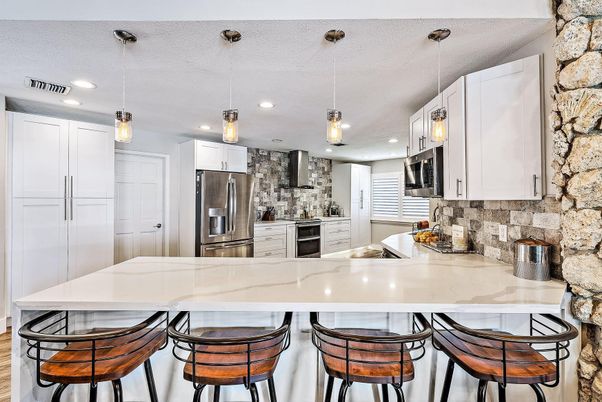 Interior, Kitchen, Pendant Lights, Recessed Lighting, Stainless Steel Appliances, Stone Walls
