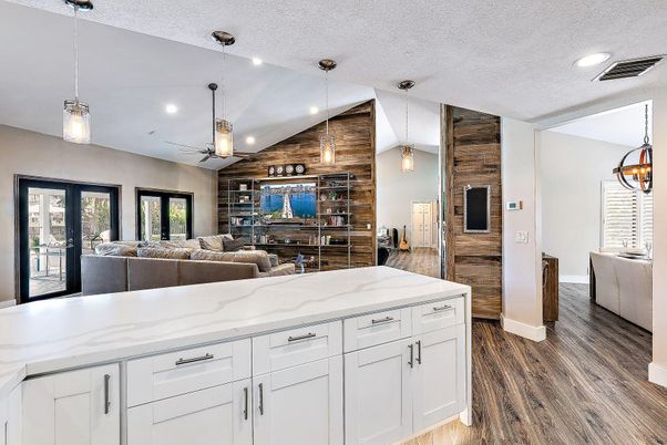 Interior, Living room, Pendant Lights, Recessed Lighting, Wood Texture Flooring