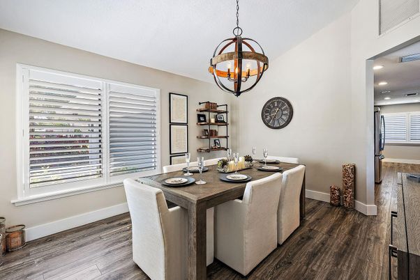 Dining room, Interior, Pendant Lights, Recessed Lighting, Wood Texture Flooring