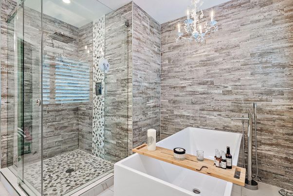Bathroom, Chandelier, Glass Shower, Interior, Recessed Lighting