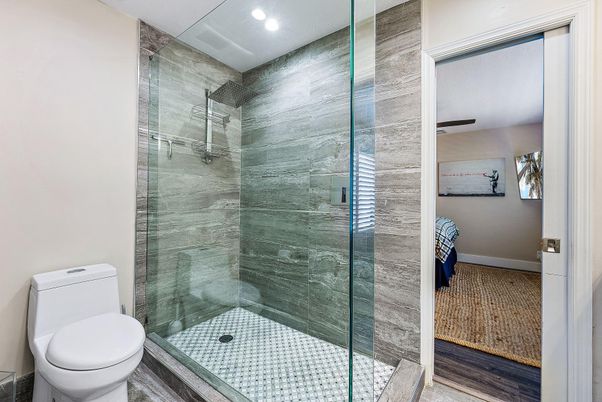 Bathroom, Glass Shower, Interior, Recessed Lighting, Wood Texture Flooring