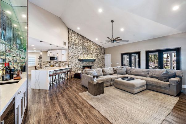 Fireplace, Interior, Kitchen, Living room, Pendant Lights, Recessed Lighting, Stone Walls, Wood Texture Flooring