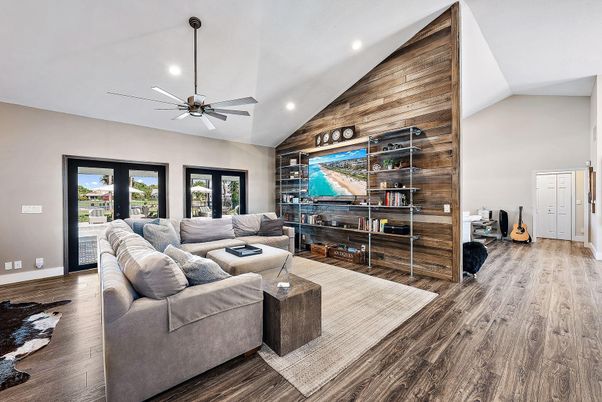 Interior, Living room, Recessed Lighting, Wood Texture Flooring, Wooden Walls