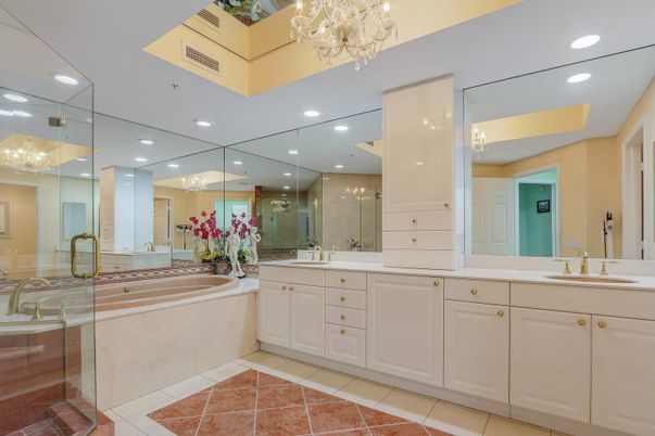 Bathroom, Chandelier, Dual Sink Vanities, Glass Shower, Interior, Recessed Lighting