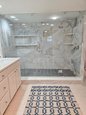 Bathroom, Glass Shower, Interior, Marble Walls, Recessed Lighting, Wood Texture Flooring