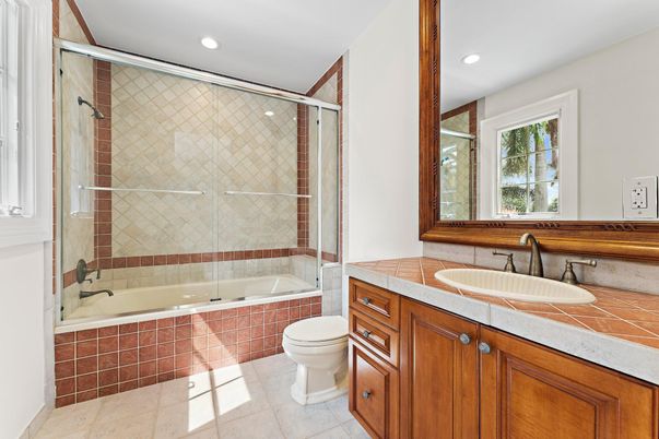 Bathroom, Glass Shower, Interior, Recessed Lighting, Tile Countertops