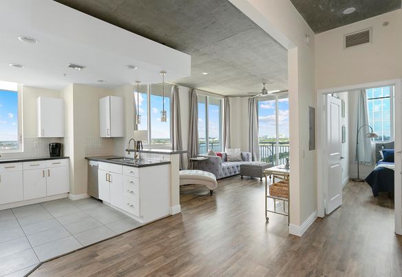 Interior, Kitchen, Living room, Pendant Lights, Recessed Lighting, Wood Texture Flooring