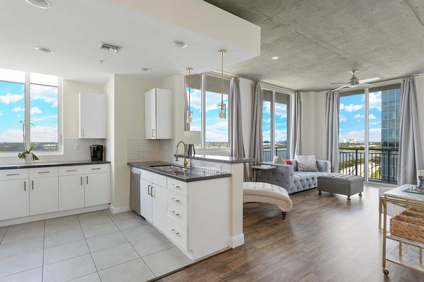 Interior, Kitchen, Living room, Pendant Lights, Recessed Lighting, Water, Wood Texture Flooring