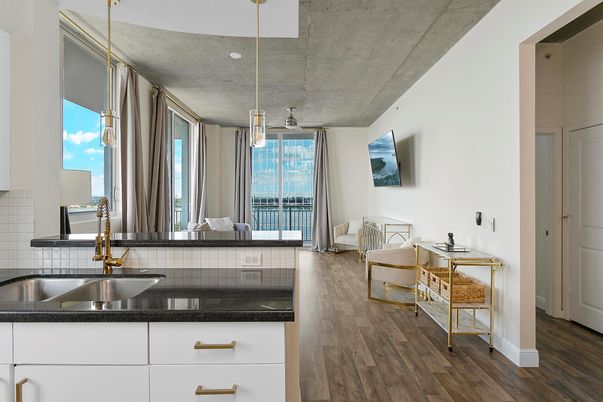 Interior, Kitchen, Pendant Lights, Water, Wood Texture Flooring