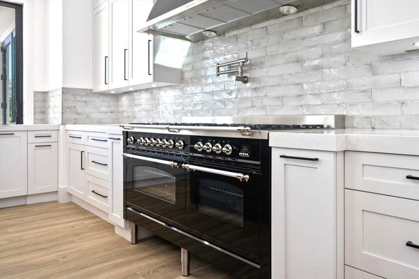 Interior, Kitchen, Stainless Steel Appliances, Stone Walls, Wood Texture Flooring