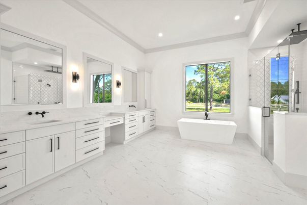 Bathroom, Dual Sink Vanities, Free Standing Baths, Interior, Marble, Recessed Lighting