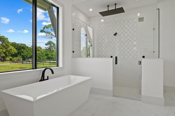 Bathroom, Free Standing Baths, Glass Shower, Interior, Marble, Recessed Lighting