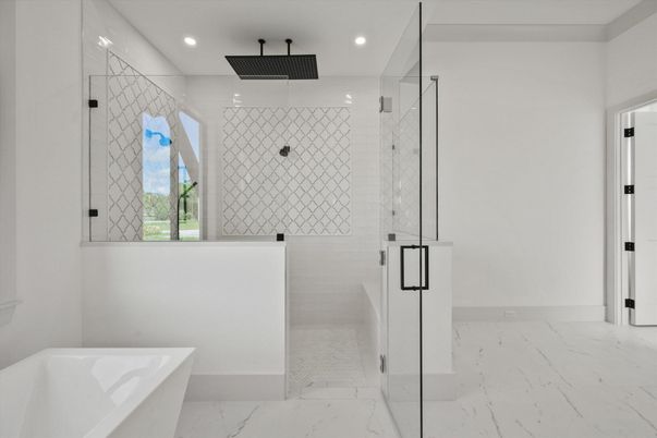 Bathroom, Free Standing Baths, Glass Shower, Interior, Marble, Recessed Lighting