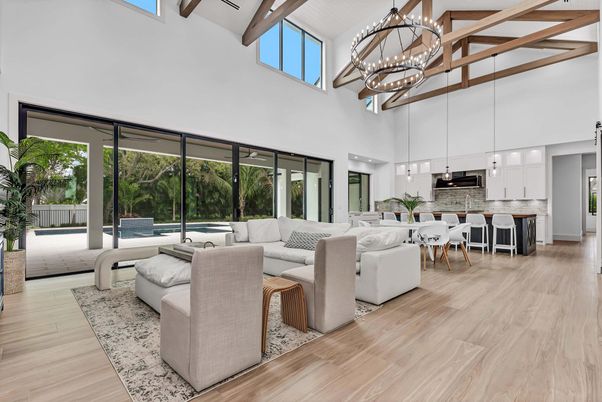 Chandelier, Dining room, Interior, Kitchen, Living room, Pendant Lights, Wooden Beams, Wood Texture Flooring