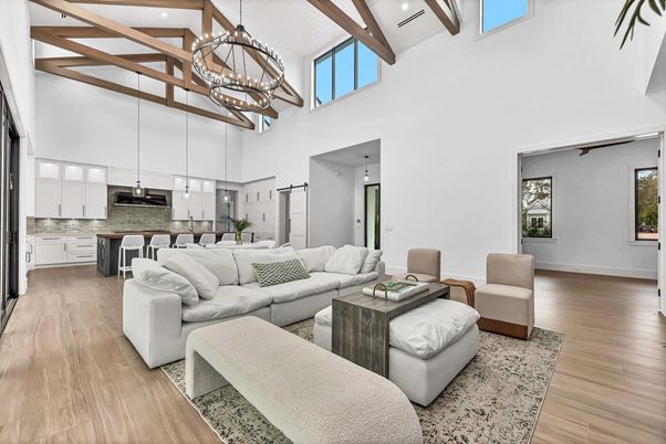 Chandelier, Interior, Kitchen, Living room, Pendant Lights, Recessed Lighting, Wooden Beams, Wood Texture Flooring