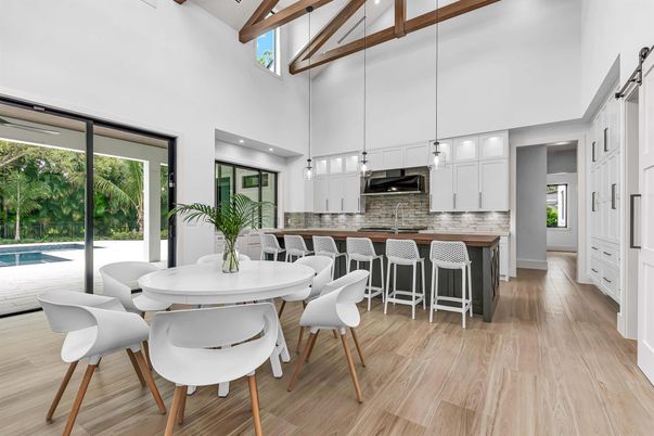 Dining room, Interior, Kitchen, Pendant Lights, Recessed Lighting, Wooden Beams, Wood Texture Flooring