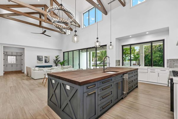 Interior, Kitchen, Living room, Pendant Lights, Recessed Lighting, Wooden Beams, Wood Texture Flooring