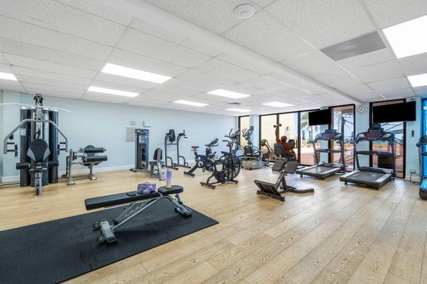Fitness Equipment, Gym, Interior, Recessed Lighting, Wood Texture Flooring