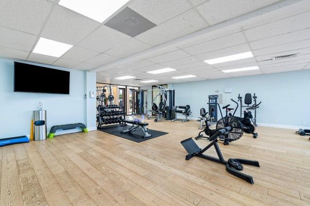 Fitness Equipment, Gym, Interior, Recessed Lighting, Wood Texture Flooring