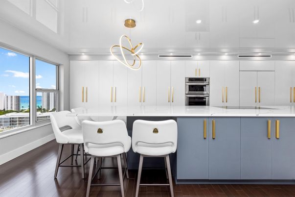 Interior, Kitchen, Pendant Lights, Recessed Lighting, Stainless Steel Appliances, Water, Wood Texture Flooring