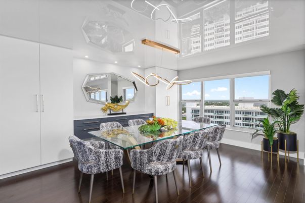 Dining room, Interior, Pendant Lights, Recessed Lighting, Wood Texture Flooring