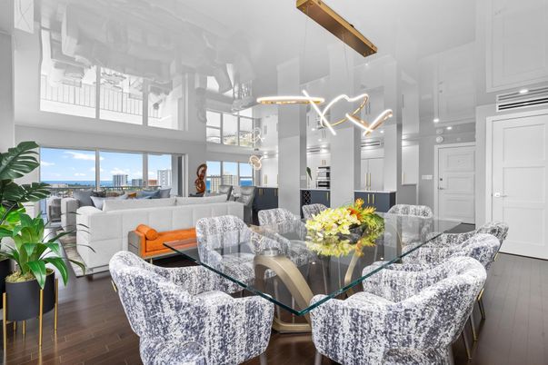 Dining room, Interior, Living room, Pendant Lights, Water, Wood Texture Flooring