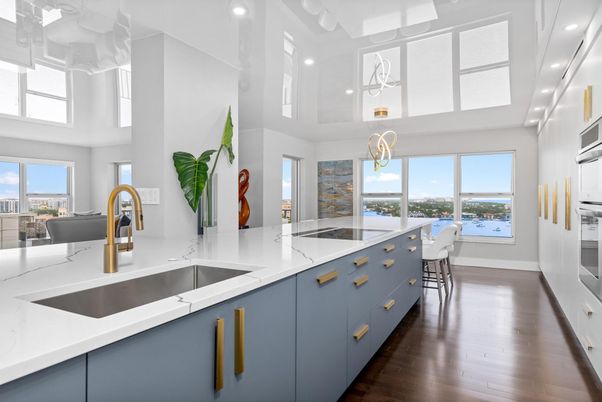 Interior, Kitchen, Pendant Lights, Recessed Lighting, Stainless Steel Appliances, Water, Wood Texture Flooring