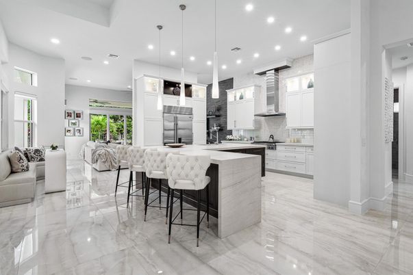 Interior, Kitchen, Marble, Pendant Lights, Recessed Lighting, Stainless Steel Appliances