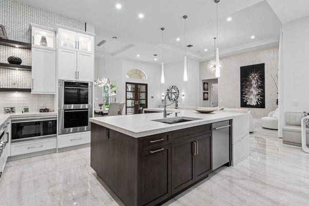 Interior, Kitchen, Marble, Pendant Lights, Recessed Lighting, Stainless Steel Appliances