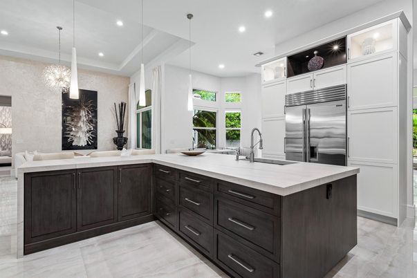 Interior, Kitchen, Marble, Pendant Lights, Recessed Lighting, Stainless Steel Appliances