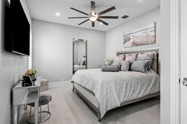 Bedroom, Interior, Recessed Lighting, Wood Texture Flooring