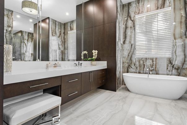 Bathroom, Dual Sink Vanities, Free Standing Baths, Interior, Marble, Recessed Lighting