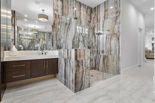Bathroom, Glass Shower, Interior, Marble, Recessed Lighting