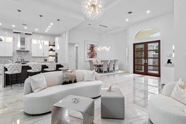 Chandelier, Dining room, Interior, Kitchen, Living room, Marble, Pendant Lights, Recessed Lighting, Stainless Steel Appliances