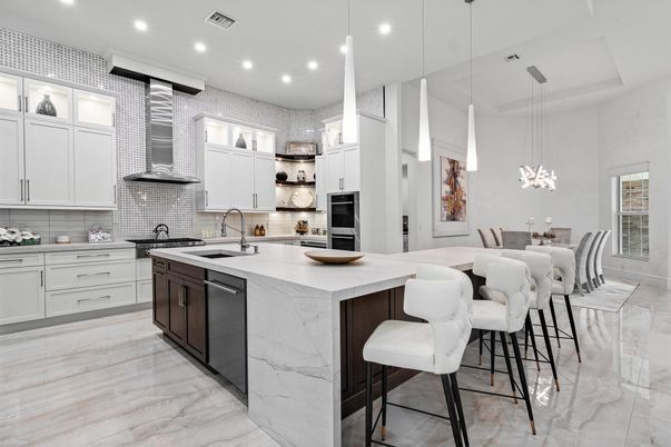 Interior, Kitchen, Marble, Pendant Lights, Recessed Lighting, Stainless Steel Appliances