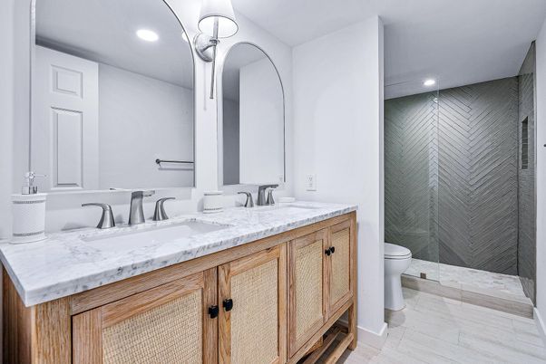 Bathroom, Dual Sink Vanities, Glass Shower, Interior, Marble, Recessed Lighting