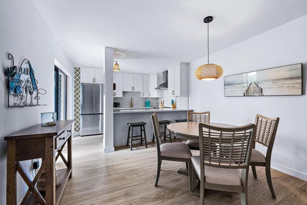 Dining room, Interior, Kitchen, Pendant Lights, Wood Texture Flooring