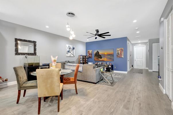 Dining room, Interior, Living room, Pendant Lights, Recessed Lighting, Wood Texture Flooring