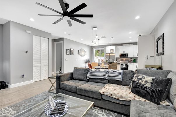 Dining room, Interior, Kitchen, Living room, Pendant Lights, Recessed Lighting, Stainless Steel Appliances, Wood Texture Flooring
