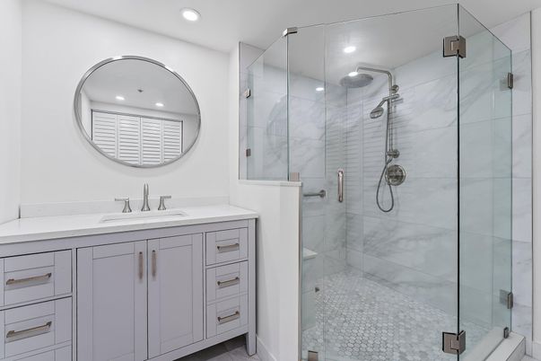 Bathroom, Glass Shower, Interior, Marble Walls, Recessed Lighting