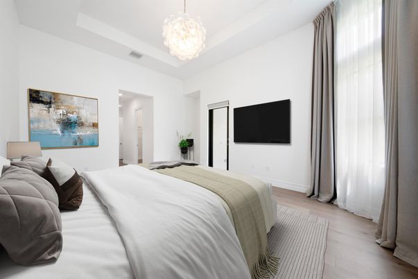Bedroom, Chandelier, Interior, Wood Texture Flooring