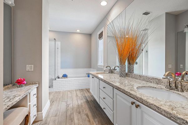 Bathroom, Dual Sink Vanities, Interior, Recessed Lighting, Wood Texture Flooring